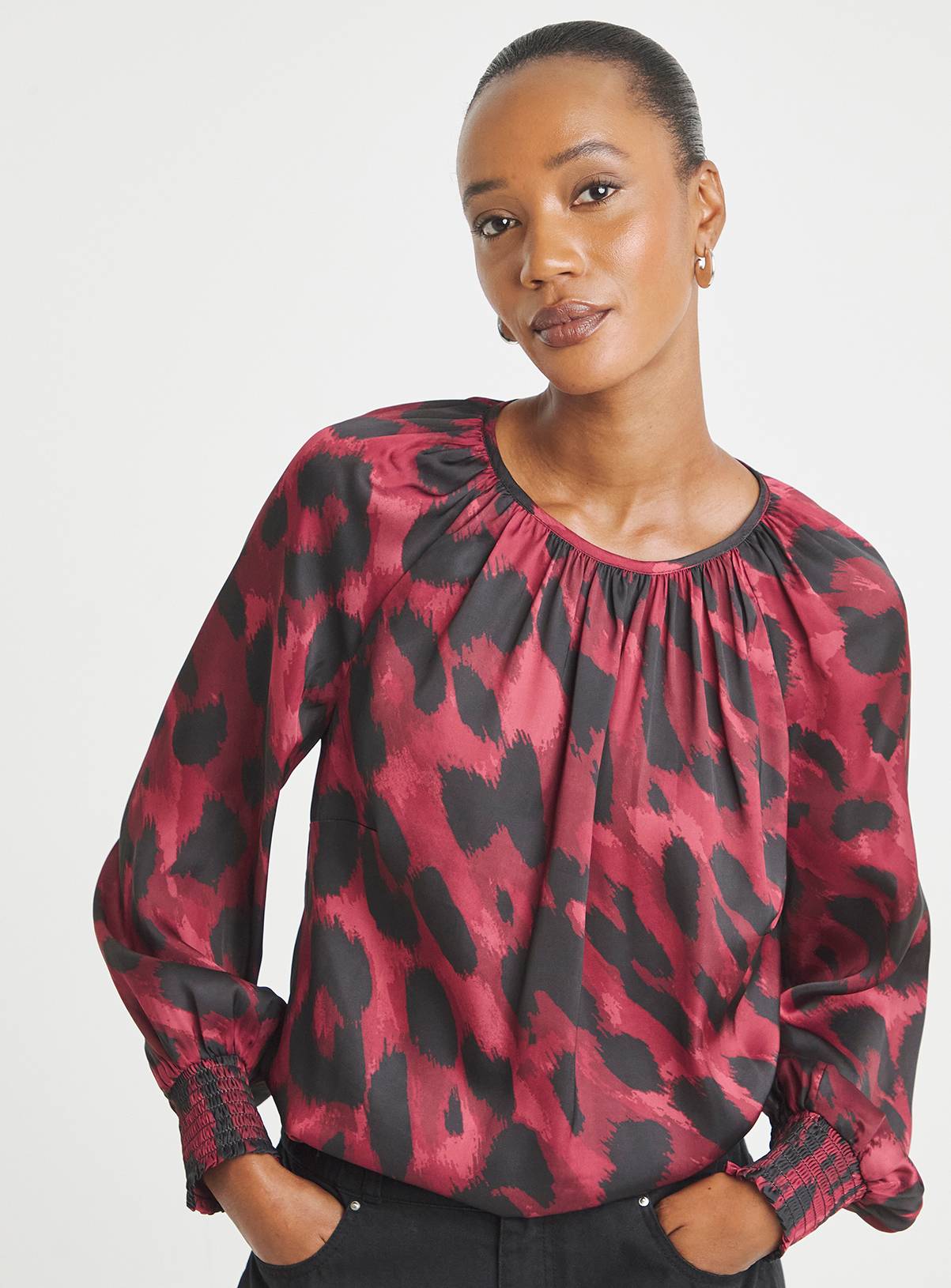 JD WILLIAMS Leopard Print Satin Raglan Blouse 32 - Image 1